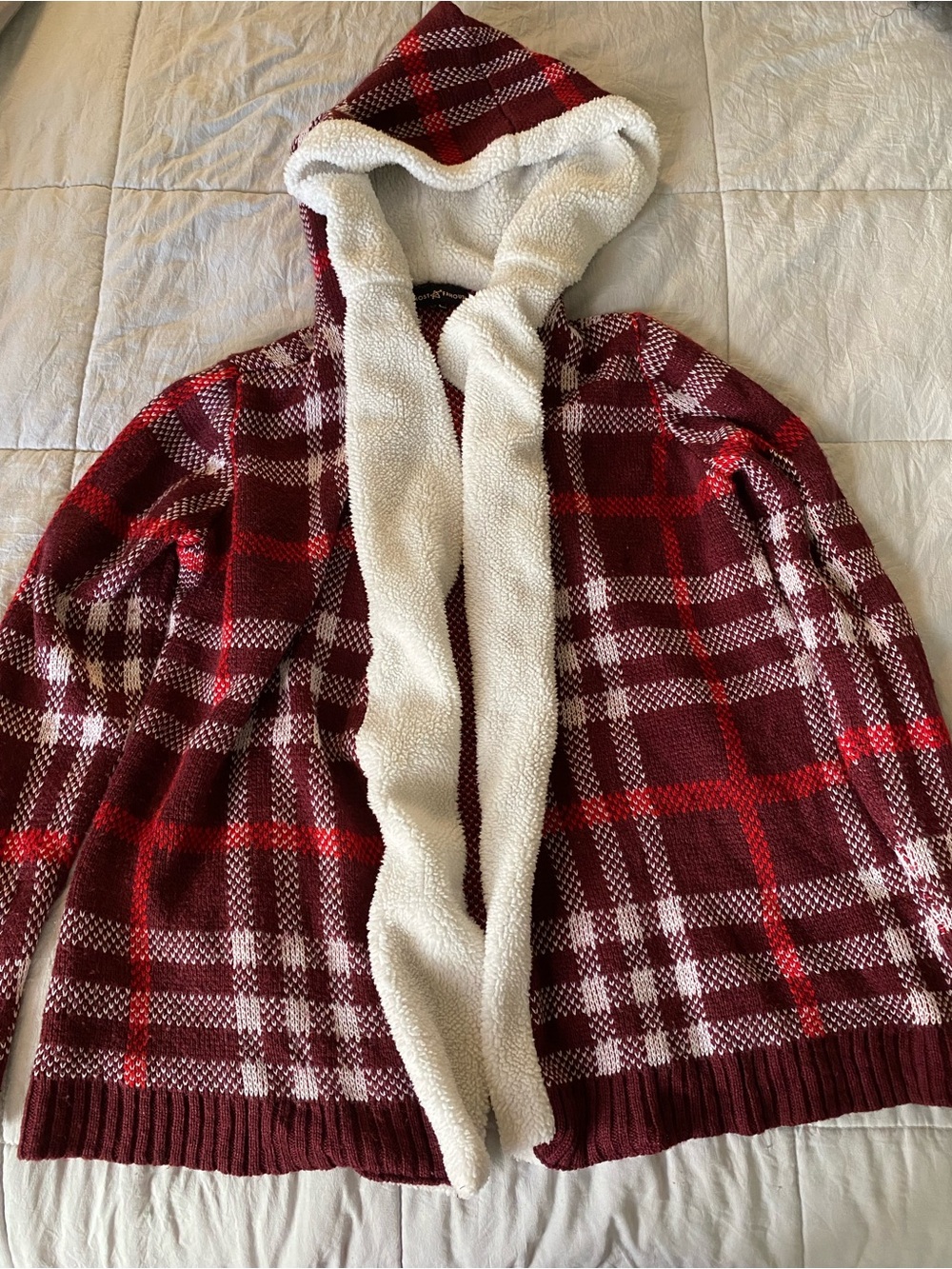 Almost Famous Red Plaid Hooded Cardigan with Cream Sherpa Trim